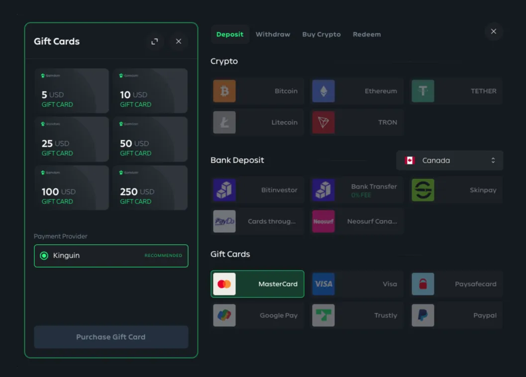 Gambdom Casino Gift Cards Payment 332x221