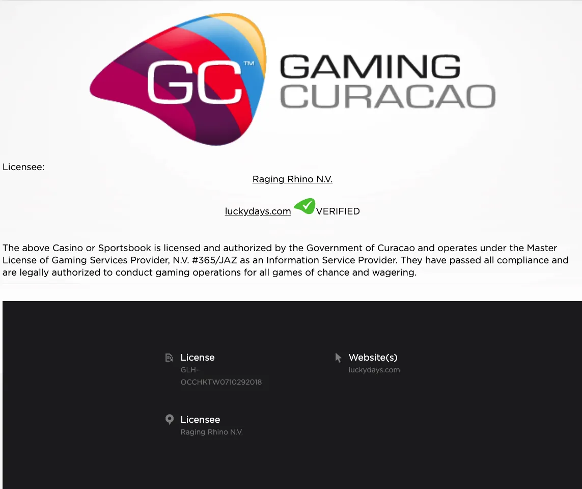 Lucky Days Casino License 332x221