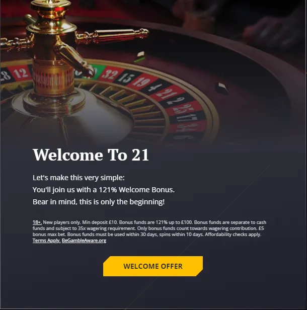 21casino Welcome Bonus 332x221