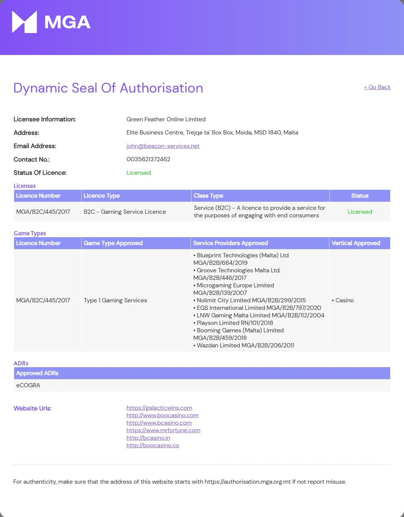 Boo Casino License Certificate 332x221