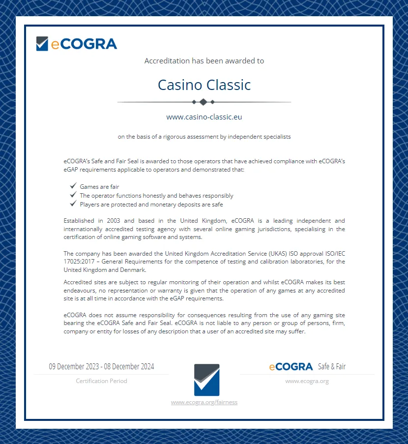 Casino Classic Auditor Certificate 332x221