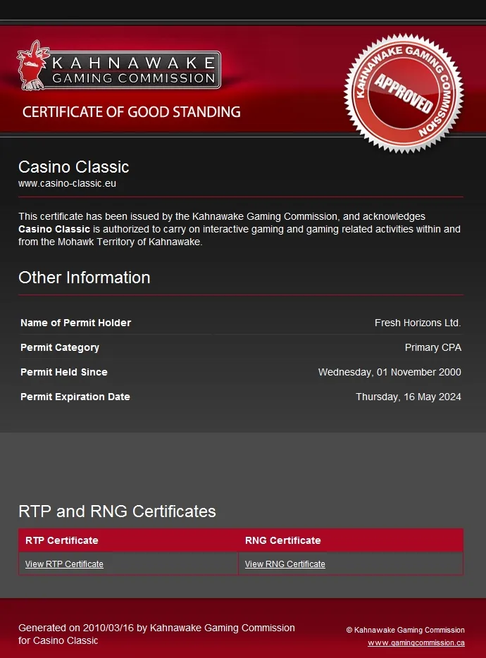 Casino Classic License Certificate 332x221