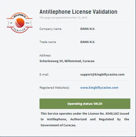 Kingbilly Casino Antillephone License Certificate 332x221