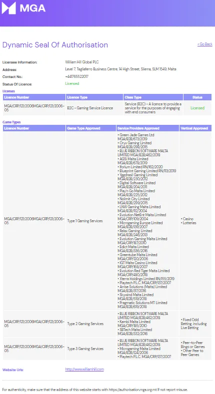 William Hill License Certificate 332x221