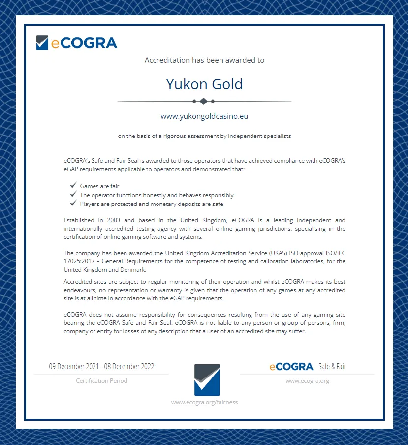 Yukon Gold Casino Auditor Certificate 2 332x221