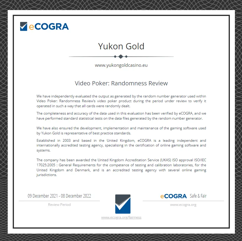 Yukon Gold Casino Auditor Certificate 5 332x221