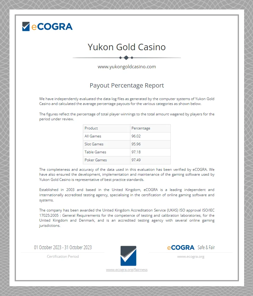Yukon Gold Casino Auditor Certificate 332x221