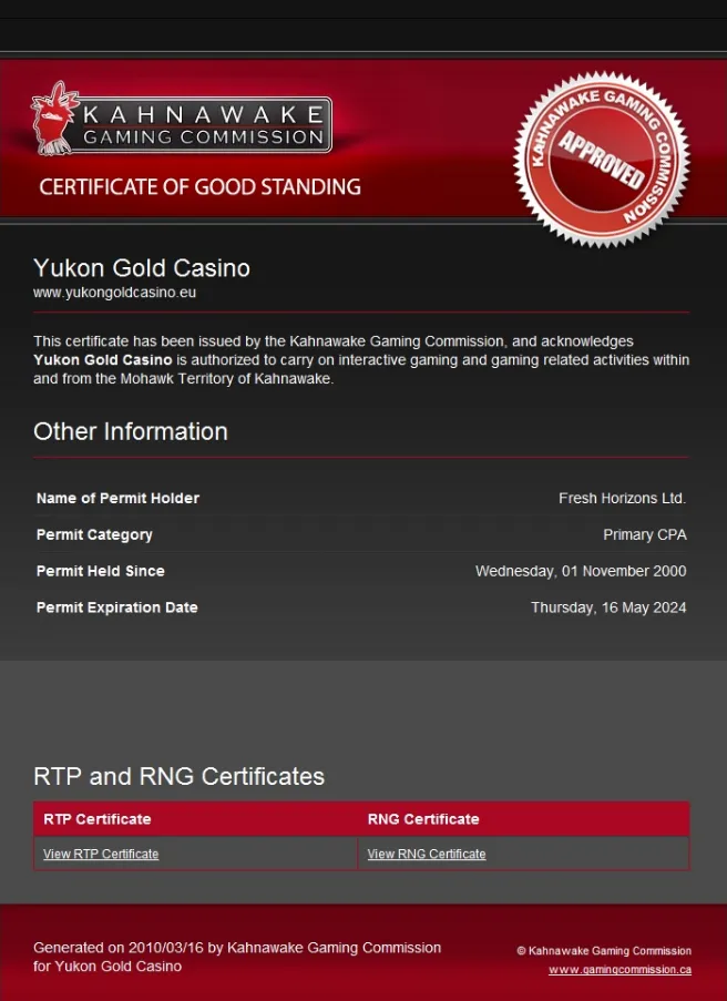 Yukon Gold Casino License 332x221
