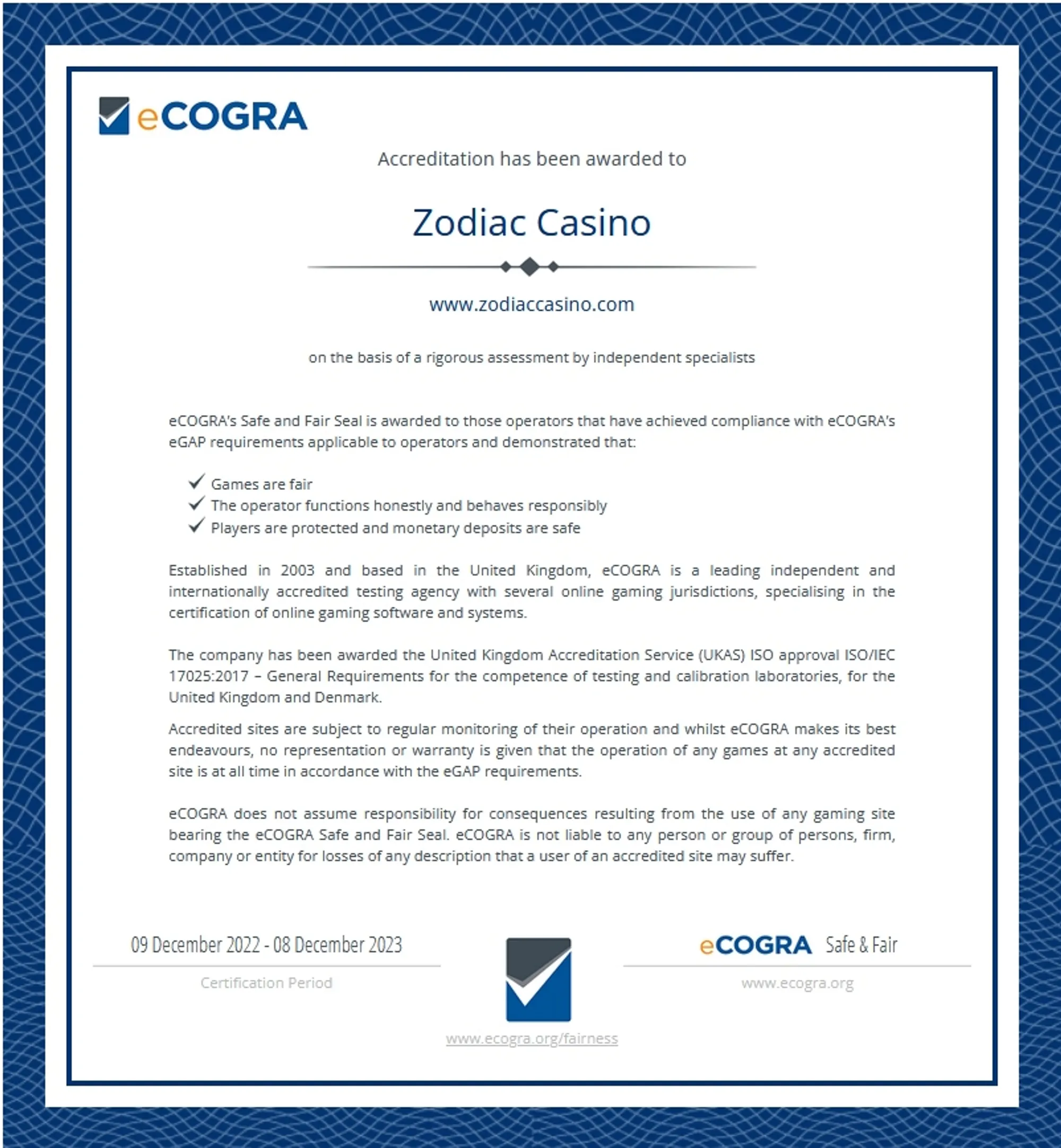 Zodiac Casino Ecogra Audit Certificate 332x221