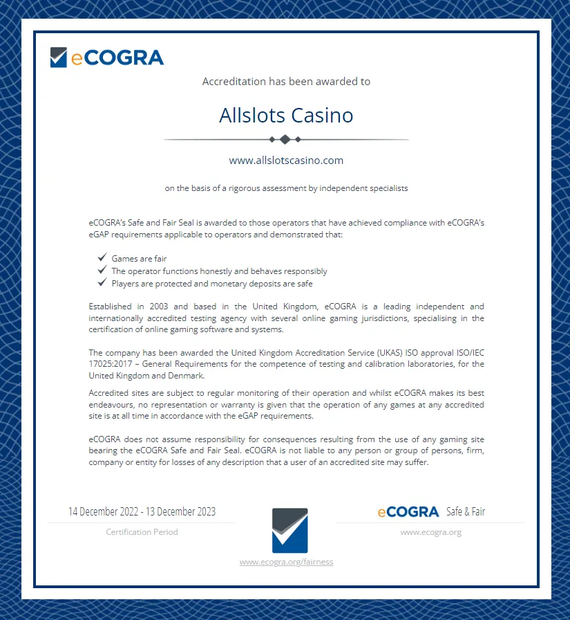 All Slots Casino Auditor Certificate 332x221