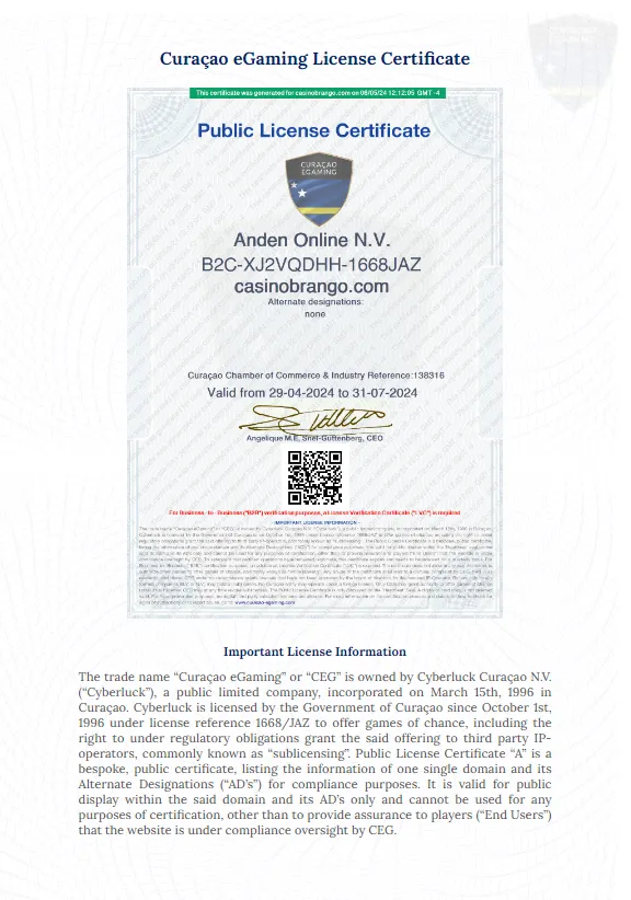 Brango Casino License Certificate 2 332x221