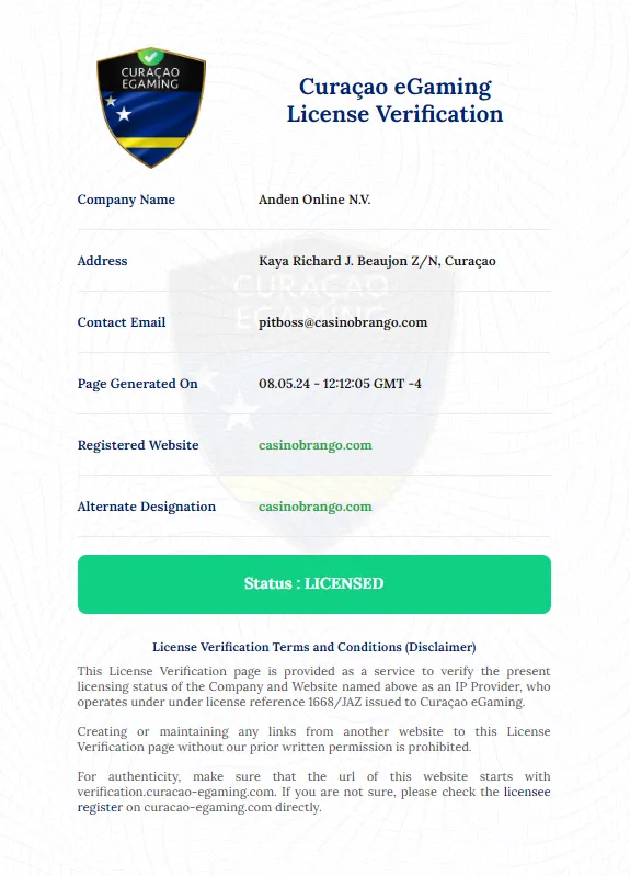 Brango Casino License Certificate 332x221