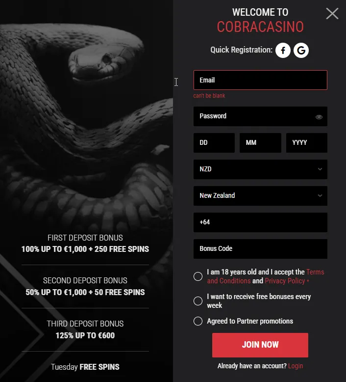 Cobra Casino Registration 332x221