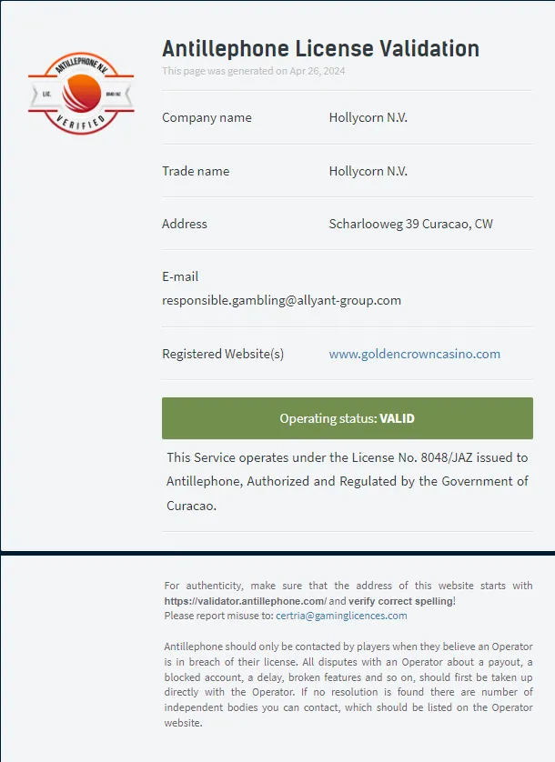 Golden Crown Casino License 332x221