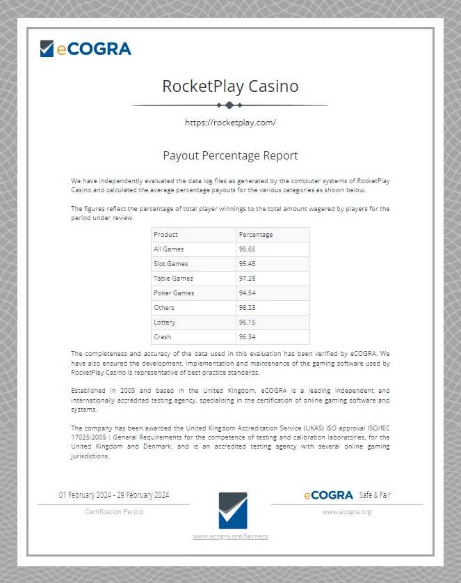 Rocketplay Casino Auditor Certificate 332x221