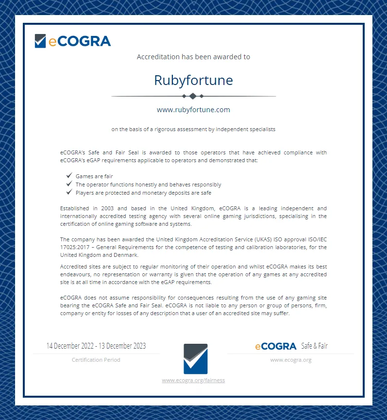 Ruby Fortune Auditor Certificate 332x221