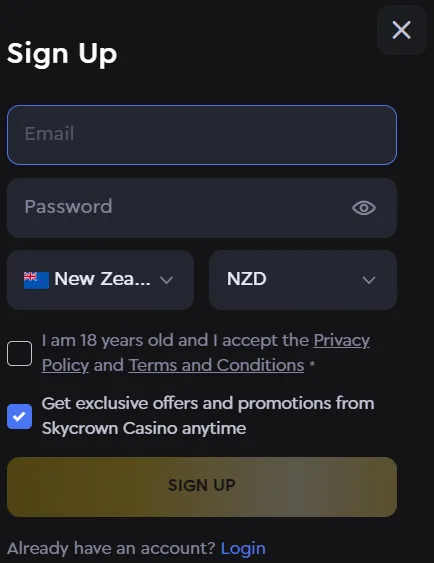 Skycrown Casino Registration 332x221