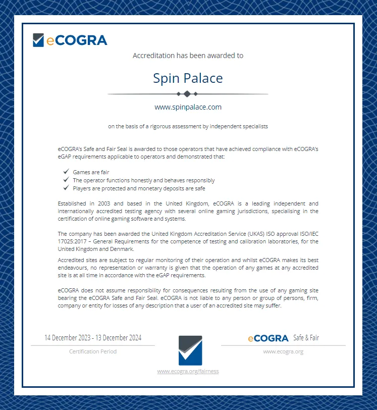 Spin Palace Auditor Certificate 332x221