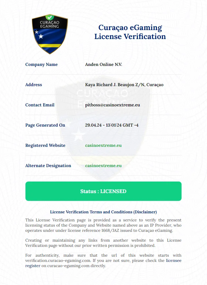 Extreme Casino License Certificate 332x221