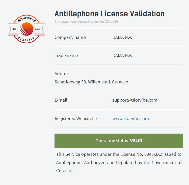 Slotvibe Casino License Certificate 332x221