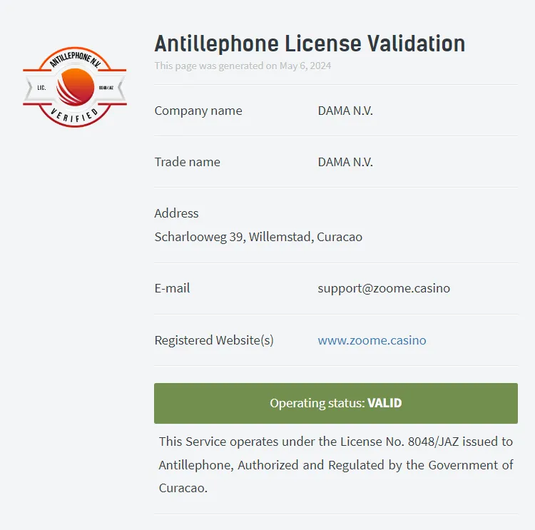 Zoome Casino License Certificate 332x221